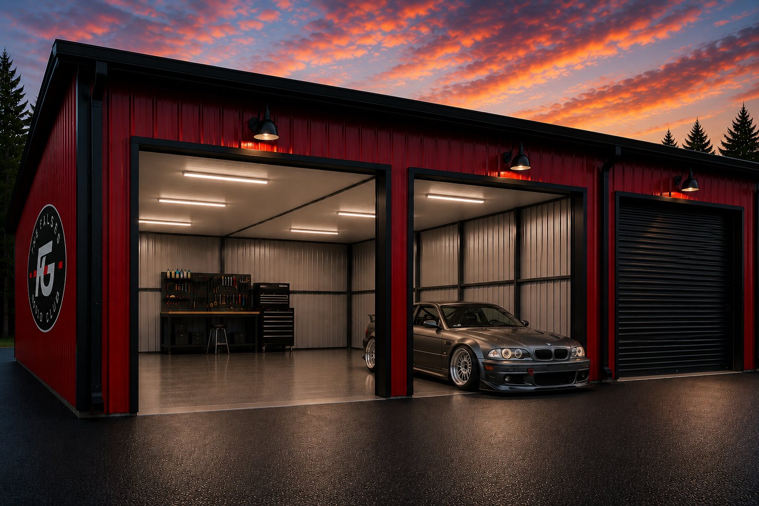 False Grid Club garages at dusk with bays open