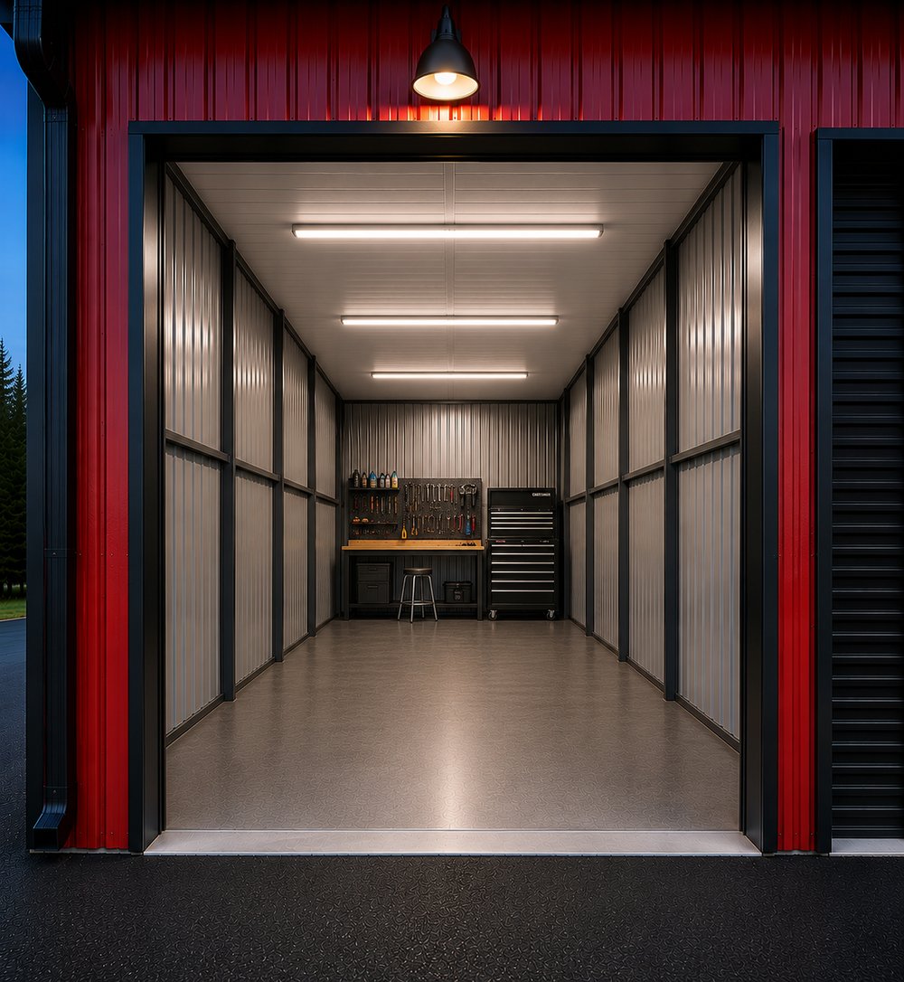 False Grid Club garage bay interior with workbench