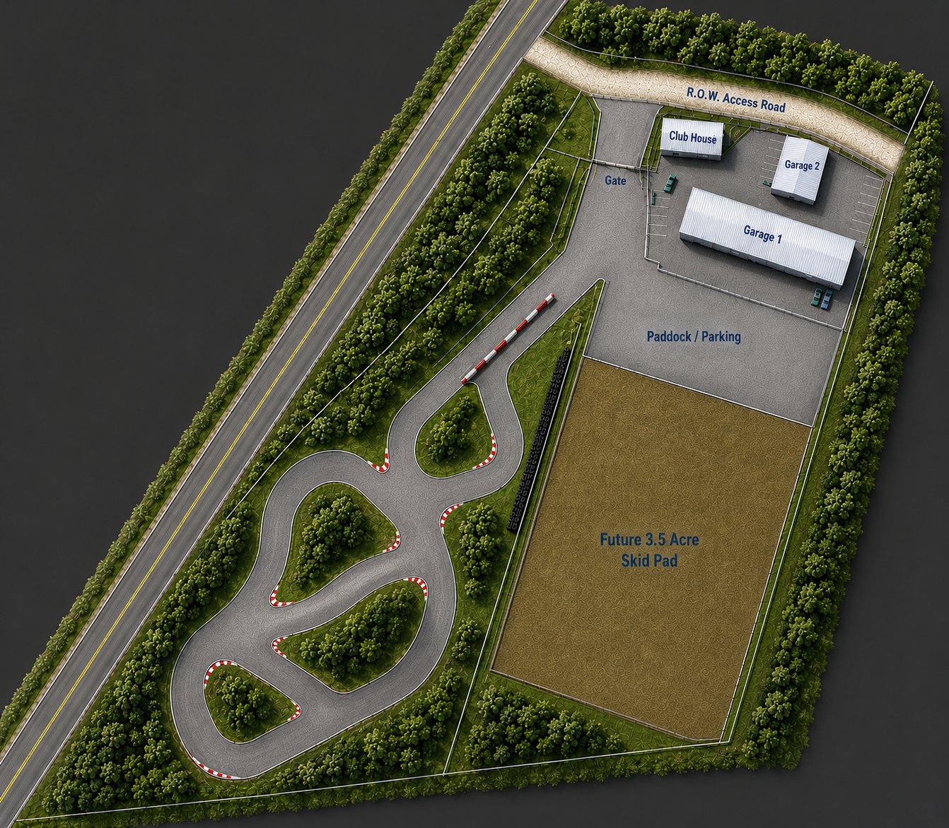 False Grid Club site plan — track, paddock, clubhouse, garages, and future skid pad in Brazoria County